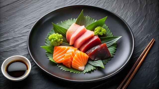 Assorted Sashimi on Black Plate with Soy Sauce and Chopsticks on Dark Background