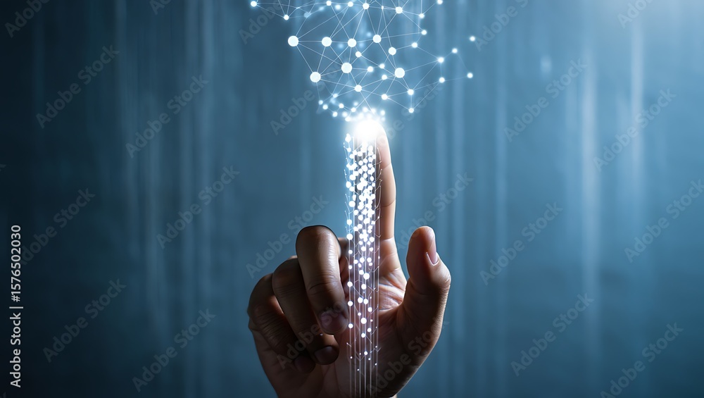 Poster illuminating connections: a hand bridging worlds with technology, touching the future: a hand's inte