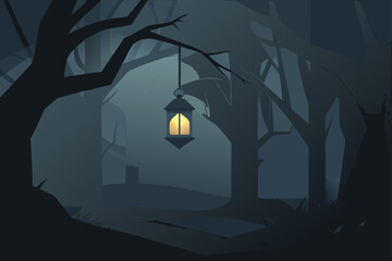 Softly Glowing Lonely Lantern Hanging from a Tree Branch