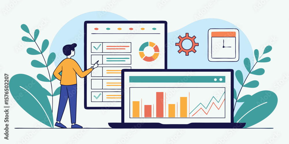 Poster person analyzing data on screens with graphs analysis