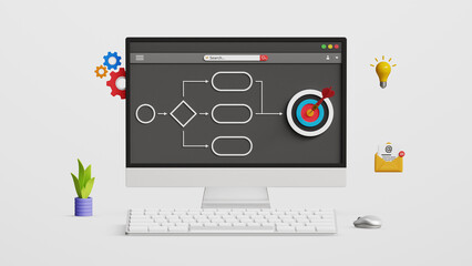 Business process, workflow diagram, flowchart for successful results, map or plan for business procedure, solution, strategy implementation concept. 3D workflow process on a computer