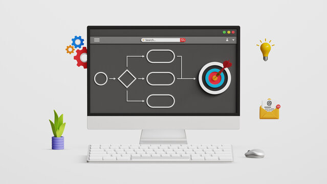 Business process, workflow diagram, flowchart for successful results, map or plan for business procedure, solution, strategy implementation concept. 3D workflow process on a computer