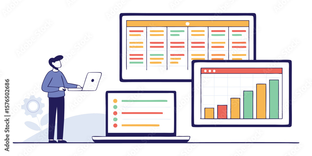 Poster person working with data analysis charts and tables