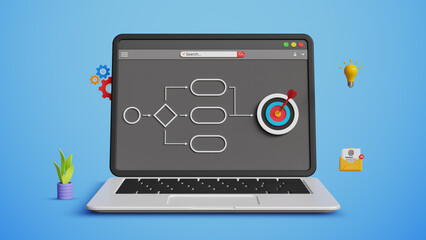 Business process, workflow automation with flowchart, workflow process, hierarchy scheme, success strategy roadmap. Digital work structure concept. 3D laptop with process workflow diagram
