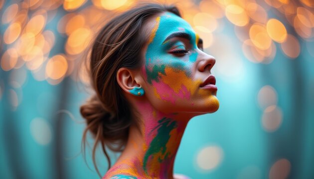 Woman with vibrant face paint against a dreamy bokeh background