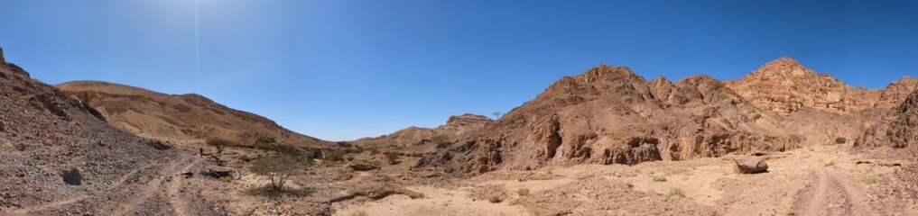 Fototapeta premium Jordan Trail long distance hiking from Dana Valley to Petra and Wadi Rum.Wadi Rum Desert, Jordan. The red desert and Jabal Al Qattar mountains,Arabia