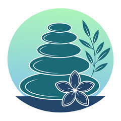 Stacked stones frangipani and plant branch silhouette vector illustration