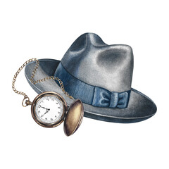 Men's gray hat and vintage pocket watch. Hand-drawn watercolor illustration. Colorful image of a men's accessory. Perfect for banners, flyers, packaging, labels, invitations, and more.