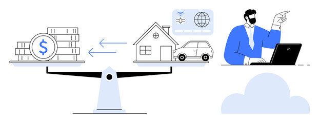 Stacked coins and house with car on balance scale representing finance and asset management. Arrows show money flow. Businessman pointing from laptop suggests decision-making, cloud indicates