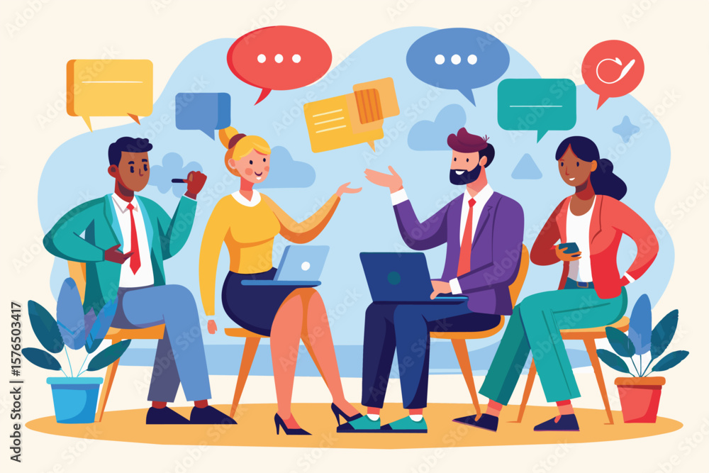 Poster illustration of a diverse group engaging in a brainstorming session. icons of communication and team