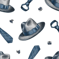 Seamless pattern with men's accessories, hats, ties, and cufflinks. Hand-drawn watercolor illustration. For textiles, packaging and labels, wallpaper, wrapping paper, decor, and more.