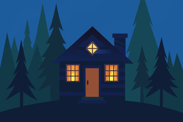 Naklejka premium Soft Lantern Light from a Rustic Wooden Cabin in the Forest