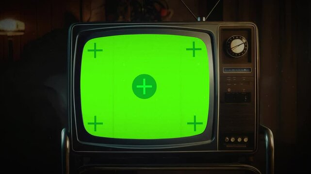 Old analog television displaying green screen chroma key with tracking markers