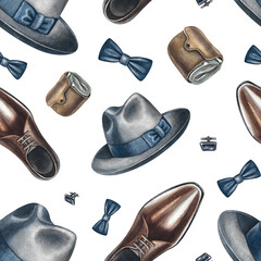Seamless drawing on a men's theme. Men's, hats, boots, wallets, etc. Handmade watercolor illustration. For textiles, packaging and labels, wallpaper, wrapping paper, decor, and murals.