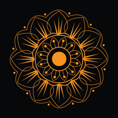 Intricate orange mandala design on a black background with floral elements
