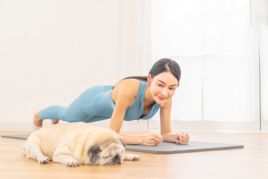 Happy Asian woman in sportswear practicing yoga wellness Asana pose and plank exercise on yoga mat in bright room. Healthy woman enjoy sport training workout relaxation exercise with pet dog at home.