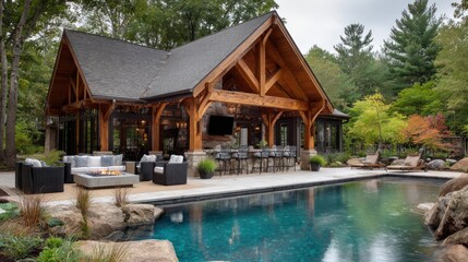 Obraz premium Inviting outdoor space with a pool, pergola, bar, and lush greenery surround