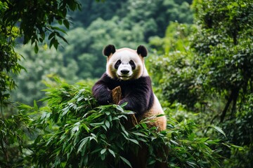 Obraz premium Panda Perched on a Tree Branch in a Lush Green Forest During Daylight