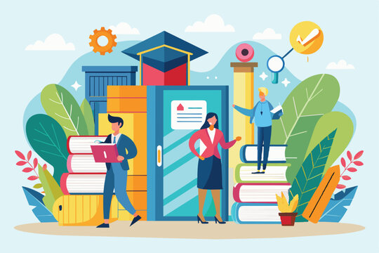 Illustration depicting an educational scene with characters surrounded by books, symbols, and nature elements, emphasizing creativity, learning, and collaboration in an academic environment.