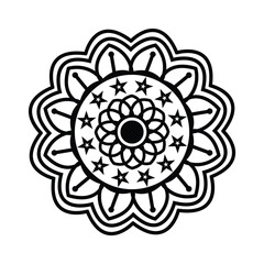 Intricate black and white circular floral mandala design with stars