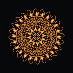 Intricate golden mandala design with fiery petals on a black background