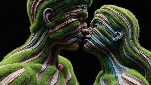 a couple statue made up of grass and wood in kissing pose