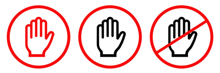 Set of hand stop signs with different styles indicating prohibition and attention