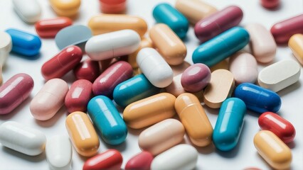 A mix of pills and capsules on a white background. Medication and supplements for health, pain relief, and pharmaceutical use.