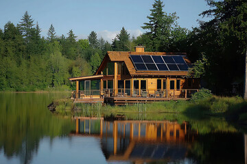 Obraz premium Lake house with solar panels reflects in calm water surrounded by forest, showcasing sustainable living and tranquil retreat in a natural setting