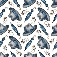 Seamless pattern with men's hats, vintage pocket watches, and umbrellas. Hand-drawn watercolor illustration. For textiles, packaging, wrapping paper, for Father's Day and Men's Day celebrations.