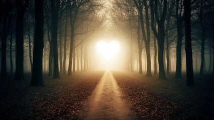 Path to heart-shaped light in dark forest, beige-gray background, space for text, suicide prevention metaphor, hope concept, ai generation
