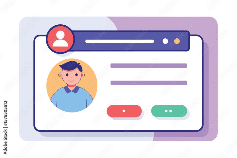 Poster colorful illustration of a user profile interface showing avatar, text fields, and action buttons, i