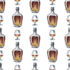 Seamless pattern with cognac, bottles, and wine glasses. Hand-drawn watercolor illustration. Suitable for bar and pub decor. For textiles, wallpapers. For wrapping paper and packaging, and more.