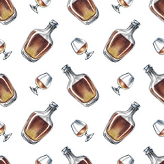 Seamless pattern with cognac, bottles, and wine glasses. Hand-drawn watercolor illustration. Suitable for bar and pub decor. For textiles, wallpapers. For wrapping paper and packaging, and more.