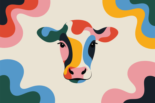 Artistic cow illustration with vibrant abstract patterns creates a whimsical and eye-catching animal design.