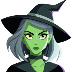 Cartoon Witch Close-Up Portrait – Angry Expression, Pale Green Skin, Halloween Theme
