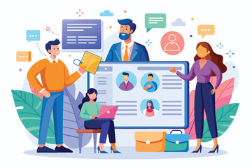 Illustration of diverse business team collaborating in a digital workspace with laptop, profiles, and chat elements. Emphasizes teamwork, communication, and innovation in a professional setting.
