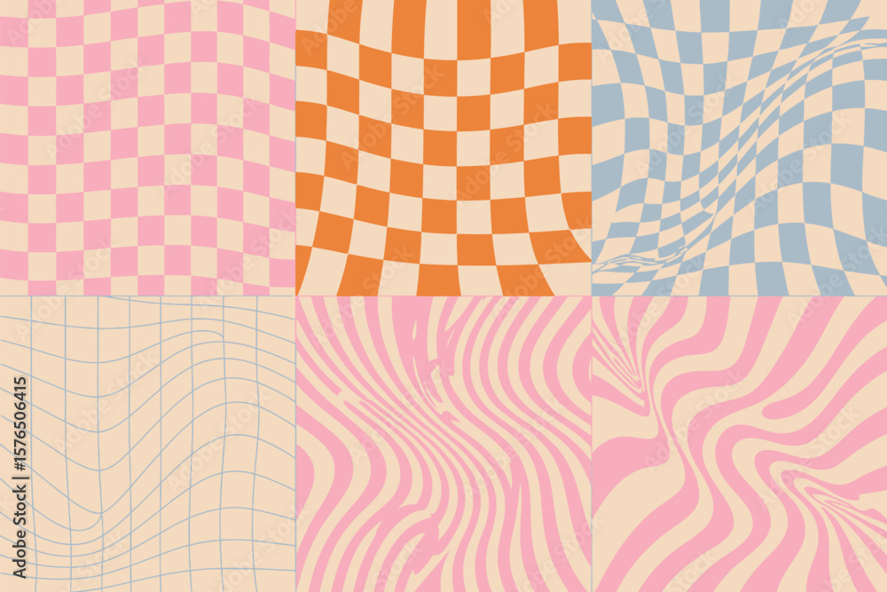 Aufkleber groovy abstract pattern features retro wavy grids and checkered backgrounds in trendy pastel colors 