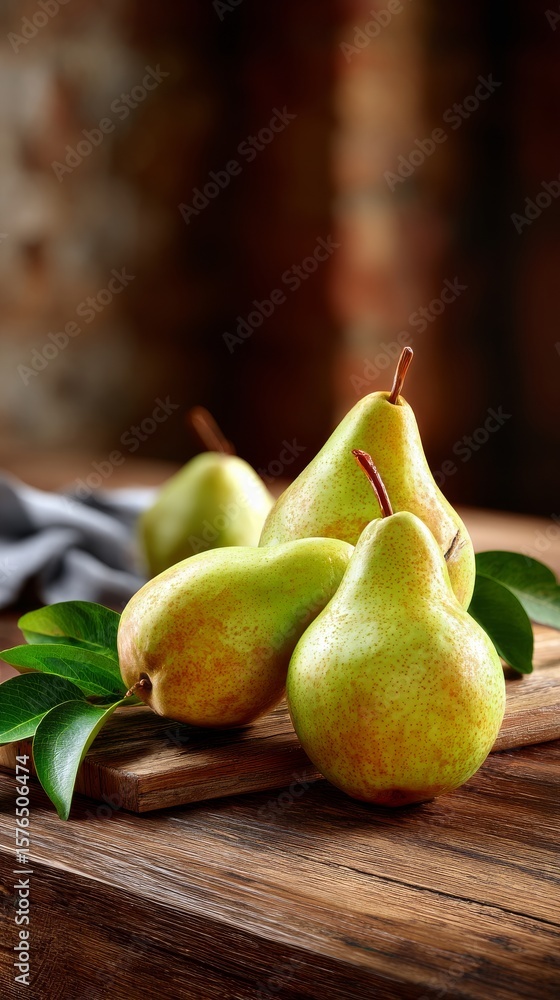 Poster fresh pears arranged on rustic wooden table with soft fabric and greenery in warm lighting