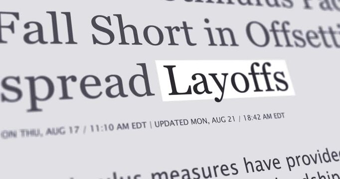 Layoffs, changing news headlines sequence across media, news about downsizing and job cuts, loop footage