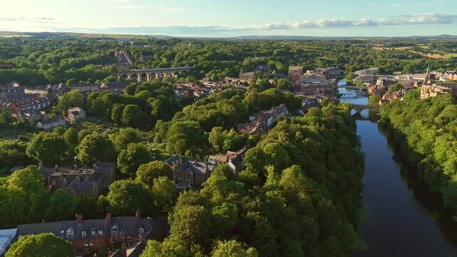 Aerial Sunset View Over Durham, UK &ndash; Scenic River, Historic Architecture & Lush Greenery