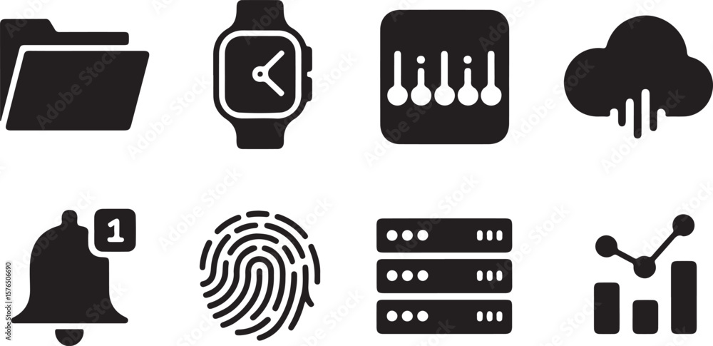 Poster folder smartwatch sound equalizer cloud notification fingerprint server chart vector