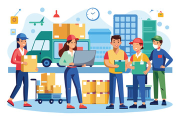 Illustration of a diverse team working efficiently in a logistics warehouse. Workers are organizing packages, showcasing teamwork, productivity, and efficiency in supply chain management.