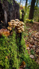 Pilze am moosbewachsenen Baumstumpf im Herbstwald