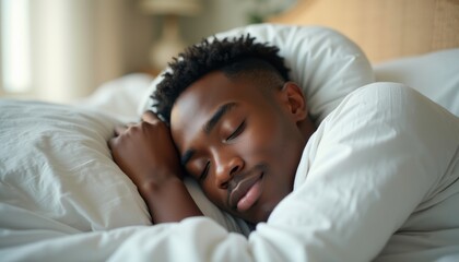 Peaceful young man sleeping soundly in cozy white bedding