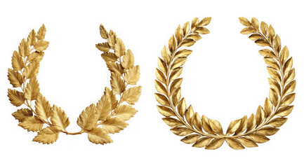 Two ornate golden laurel wreaths symbolizing victory and achievement isolated on transparent background