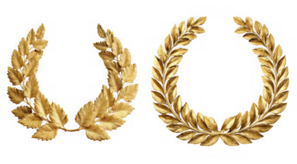 Two ornate golden laurel wreaths symbolizing victory and achievement isolated on transparent background
