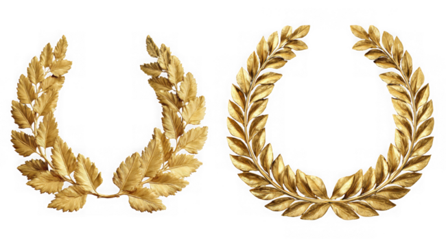 Two ornate golden laurel wreaths symbolizing victory and achievement isolated on transparent background