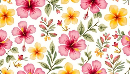 Hibiscus Floral Pattern with Pink and Yellow Flowers and Green Leaves