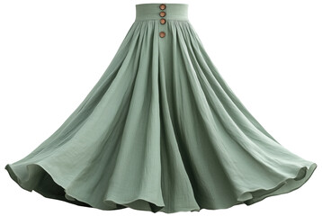 Mint green linen maxi skirt with front button closure. Long, breathable, and stylish design, perfect for warm weather looks. Isolated on transparent background.